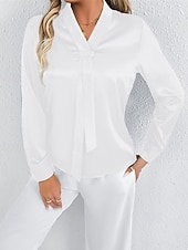 economico Top eleganti-Per donna Camicia Camicia in raso Tinta unica Elegante Casual Manica Lunga Scollo a V Top Regolari Quotidiano Uscire Nodo frontale Nero Bianco Primavera Autunno
