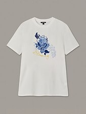 billige T-skjorter-Dame T-skjorte med blomstertrykk i bomull, hvit, kortermet, avslappet topp med rund hals, til hverdagsbruk