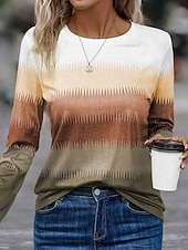 billige Stripe og geometrisk t-skjorte-Dame T skjorte Grafisk Geometrisk Årgang Stilfull Klassisk Langermet Crew-hals Vanlige topper Daglig Trykt mønster Blå Lilla Brun Vår Høst Vinter