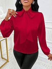cheap Dressy Blouses-Women's Shirt Elegant Dressy Satin Top Bow Solid Color Elegant Stylish Basic Long Sleeve Tie Neck High Neck Regular Tops Daily Going out Red Spring Fall