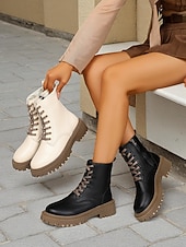 Недорогие Женские ботинки-Женские белые ботинки из искусственной кожи на шнуровке с боковой молнией и массивной подошвой — стильные армейские ботинки для кей-попа, уличной моды и повседневных образов.