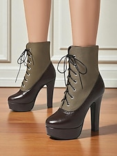 baratos Botas com salto-Botas femininas de salto alto com cadarço cor de vinho – botinhas plataforma estilo brogue vintage com painel de lona para festa e moda de outono