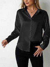  Mulheres Camisa Social Elegant Elegante Top de cetim Botões Tecido à moda Casual Manga Longa Colarinho de Camisa Tops regulares Diário Para Noite Preto Vermelho Azul Marinha Azul Real Bege Primavera