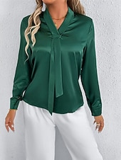  Жен. Рубашка Elegant Нарядный Атласный верх галстук спереди Сплошной цвет Стиль На каждый день Длинный рукав V-образный вырез Обычные топы Повседневные На выход Зеленый Светло-серый Весна Осень
