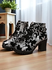 baratos Botas de tornozelo-Botas de cano curto pretas femininas – botas de combate de salto alto e grosso com bordado dourado e detalhe de fivela para festas, saídas à noite e moda streetwear