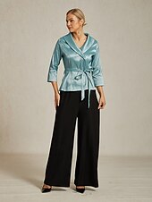 cheap Dressy Tops-Women&#039;s Blouse Evening Tops Elegant Metallic Stylish 3/4 Length Sleeve V Neck Regular Tops Wedding Guest Evening Party Semi Formal Tie Front Dusty Blue Spring, Fall, Winter, Summer