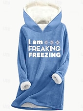 baratos Moletons forrados de fleece-Mulheres Pulôver Moletom Com Capuz Letra Quente Casual Difusa Manga Longa Com Capuz Tops longos Casual Esportes Imprimir Rosa Azul Cinzento Outono Inverno
