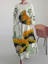 billiga Blommig klänning-Dam Maxiklänning A linjeklänning Fit And Flare Klänning party Födelsedag Ledigt Fest Kontor Bröllopsgäst Lös passning Blommig Grafisk Långärmad Rund hals Gul Rubinrött Blå Grön Vår Höst Vinter
