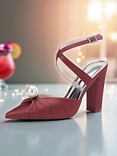 cheap Cocktail-Women&#039;s Blue Satin Block Heel Pumps with Pearl Detail and Ankle Strap - Elegant Pointed Toe Shoes for Formal Occasions and Cocktail Parties
