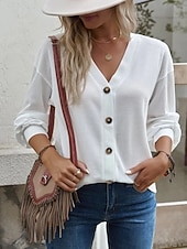 preiswerte Einfarbiges T-Shirt-Damen Bluse Knöpfe Einfarbig Stilvoll Lässig Langarm V Ausschnitt Normale Oberteile Täglich Blau Schwarz Weiß Grün Khaki Frühling Herbst