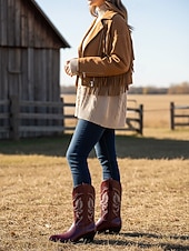 ieftine Cizme Cowboy &amp; Western-Cizme cowboy pentru femei cu cusături western brodate, vârf ascuțit și toc bloc jos - încălțăminte urbană casual elegantă pentru ținute de stradă și de zi cu zi