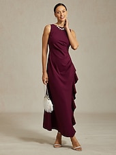 billiga Nyårsklänningar-Dam Maxiklänning Sheath Dress Plisserad klänning Volangkjol Elegant party Semiformella klänningar Bröllopsgäst Kvällsfest Gradering Ensfärgat Ärmlös Rund hals Båthals Vinröd Sommar Vår Höst