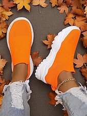 cheap Women's Sneakers-Women's Orange Slip-On Flyknit Sneakers – Breathable Mesh Lightweight Walking Shoes with Chunky Sole for Casual and Sport