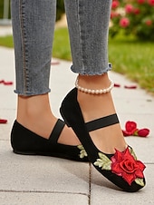 abordables Ballerines femme-Ballerines Mary Jane de Noël pour femmes – Chaussures à brides brodées de roses en faux daim pour les fêtes et au quotidien