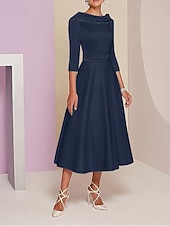 A-Line Dress Mother of the Bride Dress Elegant Vintage Bateau Neck Tea Length Satin 3/4 Length Sleeve with Beading Race Day Dress 12
