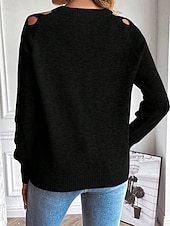 billige Solide farger-Dame Genser Gatemote Fritid Helfarge Crew-hals Uthult Strikket Langermet Vanlige topper Strikke Daglig Ferie Ut på byen Svart Blå Høst Vinter