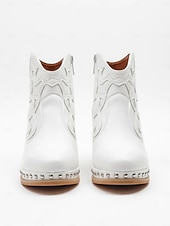 ieftine Cizme Cowboy &amp; Western-botine de damă din piele albă - cu ornamente împânzite, design brodat și toc gros din lemn pentru ținute casual la modă