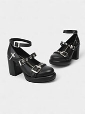 お買い得  女性向け-バックルストラップとクロスディテールを備えた女性用ゴシックプラットフォームメリージェーンヒール - ハロウィーン、コスプレ、ロックミュージックフェスティバルに最適な黒のチャンキーハイヒール