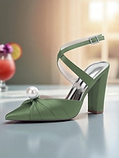 cheap Cocktail-Women&#039;s Blue Satin Block Heel Pumps with Pearl Detail and Ankle Strap - Elegant Pointed Toe Shoes for Formal Occasions and Cocktail Parties