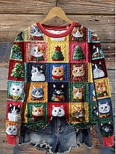 ieftine Hanorace și hanorace de Crăciun-Pentru femei Hanorac pulover Pisica Brad de Crăciun Crăciun Casual Manșon Lung Stil Nautic Topuri obișnuite Stradă Zilnice Casual Negru Galben Roșu Vin Roșu-aprins Albastru piscină Primăvară Toamn