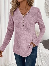 お買い得  プレーンTシャツ-女性用 ブラウス ボタン 純色 スタイリッシュ カジュアル 長袖 Ｖネック レギュラートップス 日常 ブルー ピンク ルビーレッド グリーン ダックグレー 春 秋 冬