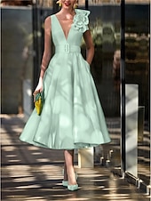 abordables Robes de cocktail-Ligne A Longueur thé Robes de Cocktail Robes de soirée Élégant ancien Sans manches Col en V Formel robe demoiselle d honneur Ceinture / Écharpe Satin avec Plis Fleur d&#039;Épaule