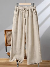 economico Pantaloni in lino e cotone semplici-Per donna Pantaloni in cotone e lino Gamba larga Chinos Vintage Essenziale Casual Lunghezza intera Vita Alta Semplice Tasca Fascia Elastica Comodo Morbido Confortevole Elasticizzato All&#039;aperto