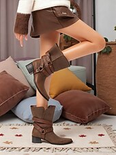 お買い得  カウボーイ＆ウエスタンブーツ-バックルストラップとチャンキーヒールを備えた女性用ボヘミアンウエスタンスタイルのブラウンブーツ。カジュアルウェアやフェスティバルに最適です。