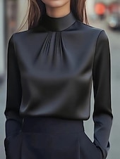 cheap Dressy Tops-Women&#039;s Shirt Dressy Blouse Plain Elegant Stylish Long Sleeve High Neck Regular Tops Work Holiday Going out Ruched Black White Purple Khaki Spring Fall