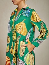 abito camicia da donna con stampa zucca verde, scollo a V, vestibilità ampia, orlo asimmetrico, spacco, per vacanza, quotidiano, lavoro, festa, autunno, primavera, estate economico Abiti floreali-abito camicia da donna con stampa zucca verde, scollo a V, vestibilità ampia, orlo asimmetrico, spacco, per vacanza, quotidiano, lavoro, festa, autunno, primavera, estate