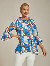 baratos camisas, tops e blusas-blusa feminina chiffon romano torcido emendado estampa floral azul gola barco manga três quartos curta