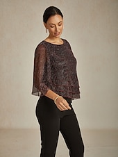 cheap Dressy Tops-Women&#039;s Blouse Dressy Tops Flowy Tops Chiffon Tops Elegant Vintage Stylish 3/4 Length Sleeve Crew Neck Boat Neck Work Daily Date Night Outfits Sequins Pleated Patchwork Wine Spring Fall