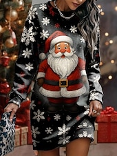 Недорогие Рождественские платья-Новогодняя тематика Жен. Мини-платье Платье прямого кроя Отпуск На каждый день День рождения Свидание Стандартный Графика Дед Мороз Длинный рукав Вырез под горло Черный Красный Серый Весна Осень Зима