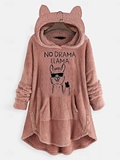 preiswerte Fleece-futterierte Sweatshirts-Damen Kapuzenpullover Tiermotiv Lässig Langarm Mit Kapuze Lange Oberteile Straße Alltagskleidung Lässig Rosa Wein Dunkelpink Rote Dunkelgray Herbst Winter