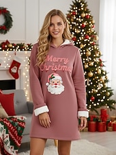 billige Julegensere og -gensere-Dame Pullover hettegenser-genser julenissen Varm Fritid Sherpa Fleece Langermet Med hette Lange topper Gate Hverdag Avslappet Trykt mønster Mørk Rosa Blå Grå Høst Vinter