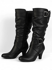 olcso Slouch Boots-női térdig érő csizma csatos pántokkal és enyhe kialakítással, középső sarokkal és sokoldalú stílussal hétköznapi és esti viselethez