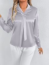 Жен. Рубашка Elegant Нарядный Атласный верх галстук спереди Сплошной цвет Стиль На каждый день Длинный рукав V-образный вырез Обычные топы Повседневные На выход Зеленый Светло-серый Весна Осень
