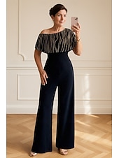 preiswerte Overalls für Mütter-Overalls Brautmutterkleid Formell Elegant Minimalistisch Ein-Schulter Bodenlang Stretch Satin Kurzarm mit Farbblock