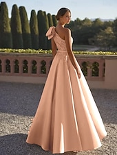 economico Abiti da Sera a Linea A-Abito da sera a-linea elegante formale per matrimoni lungo fino al pavimento senza maniche a spalla unica in raso con fiocchi glitterati e perline