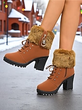  Botas femininas de couro sintético marrom com punho de pele e salto grosso – botas quentes de inverno com cadarço e detalhes de strass para mulheres, perfeitas para uso ao ar livre, casual e de férias