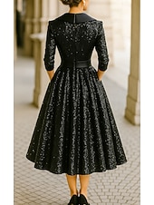 cheap Tuxedo Dresses-Black Sequin Tuxedo Dress A-Line High-low Dress Formal Satin Sequin Elegant Long Sleeve Tea Length Midi Length Shawl Lapel Zipper