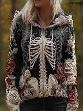 Women's Zip Up Hoodies Graphic Skull Punk Active Vintage Long Sleeve Hooded Regular Tops Home Dailywear Casual Patchwork Black Fall Winter3