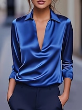 cheap Plain Blouses-Women's Satin Shirt Dress Shirt Blouse Solid Color Elegant Stylish Basic Long Sleeve Turndown V Neck Regular Tops Daily Work Party Blue Black White Wine Green Summer Spring Fall