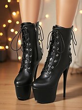baratos Botas com salto-Botas femininas pretas de couro sintético com cadarço e plataforma - botas curtas sensuais de salto agulha alto para a vida noturna &amp;pole dance