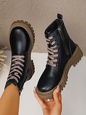 Недорогие Женские ботинки-Женские белые ботинки из искусственной кожи на шнуровке с боковой молнией и массивной подошвой — стильные армейские ботинки для кей-попа, уличной моды и повседневных образов.