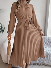 baratos Vestido Simples-Mulheres Vestido midi vestido de cetim Vestido de festa Vestido Coquetel Vestido franzido Elegante Moderno Festa de Noite Festa Encontro Normal Tecido Manga Longa Colarinho Chinês Preto Rosa Vinho