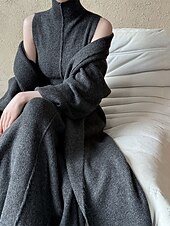 preiswerte Einfarbige Farben-Damen Langes Kleid Maxikleid Pulloverkleid Strickkleid Freizeitkleid Kleid-Set Elegant Mode Modern Outdoor Täglich Ausgehen Normale Passform Einfach Langarm Rollkragen Stehkragen Dunkelgray Winter