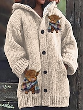 billige 3D Cardigan-Dame Genser Kofte Fritid Myk Grafisk Riflet Med hette Lomme Knapper Strikket Langermet Lange topper Strikke utendørs Daglig Helg Hvit Blå Høst Vinter