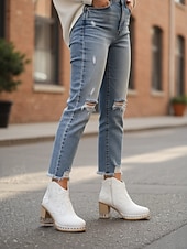 ieftine Cizme Cowboy &amp; Western-botine de damă din piele albă - cu ornamente împânzite, design brodat și toc gros din lemn pentru ținute casual la modă