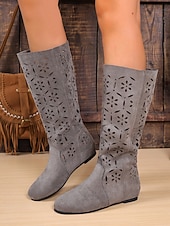 cheap Slouch Boots-Women&#039;s Slouchy Mid-Calf Boots with Floral Cutout Design, Casual Boho Style for Autumn Street and Everyday Wear